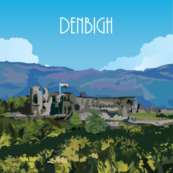 Denbigh Castle v02 (299) + Wording -  Rectangular greetings card - Pack of 12